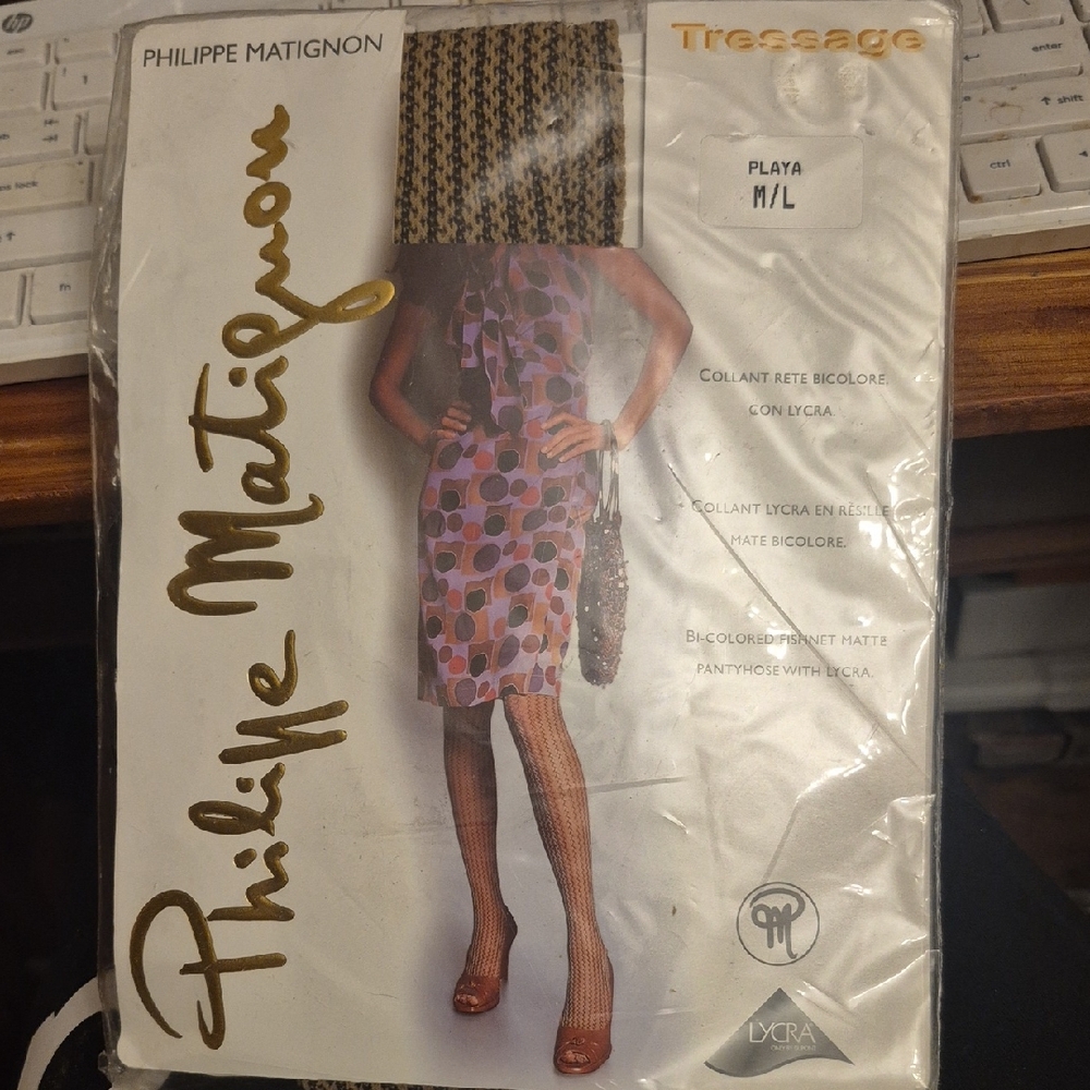 new PHILIPPE MATIGNON Matte Fishnet Pantyhose Sheer Toe 2-tone Stockings M/L